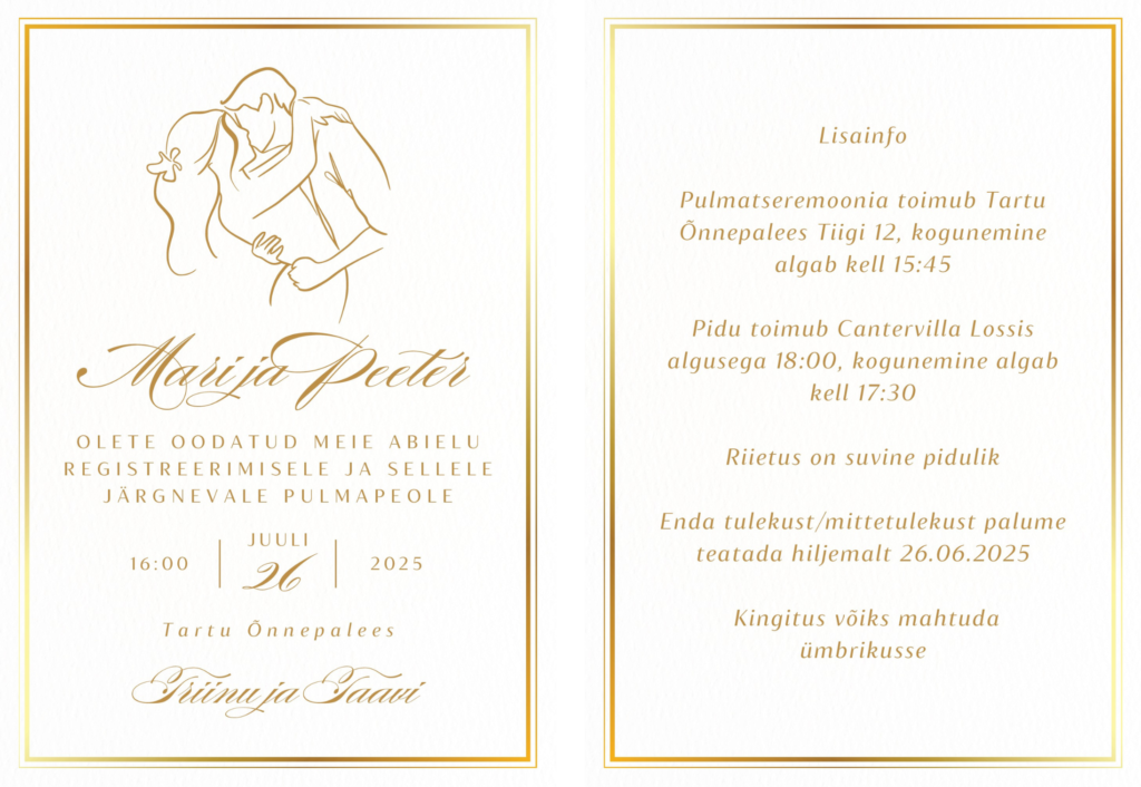 Näidis kuldse raamiga klassikalisest elegantsest pulmakutsest pruutpaari joonistusega.