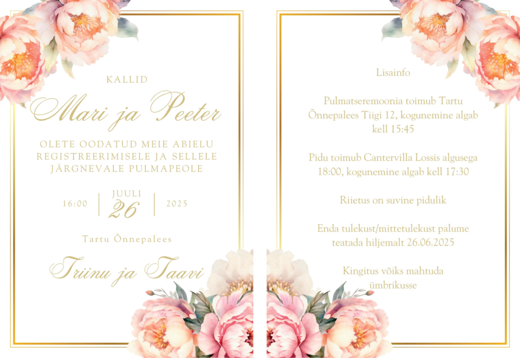 Näidis roosade lillede ja kuldse raamiga klassikalisest elegantsest pulmakutsest.
