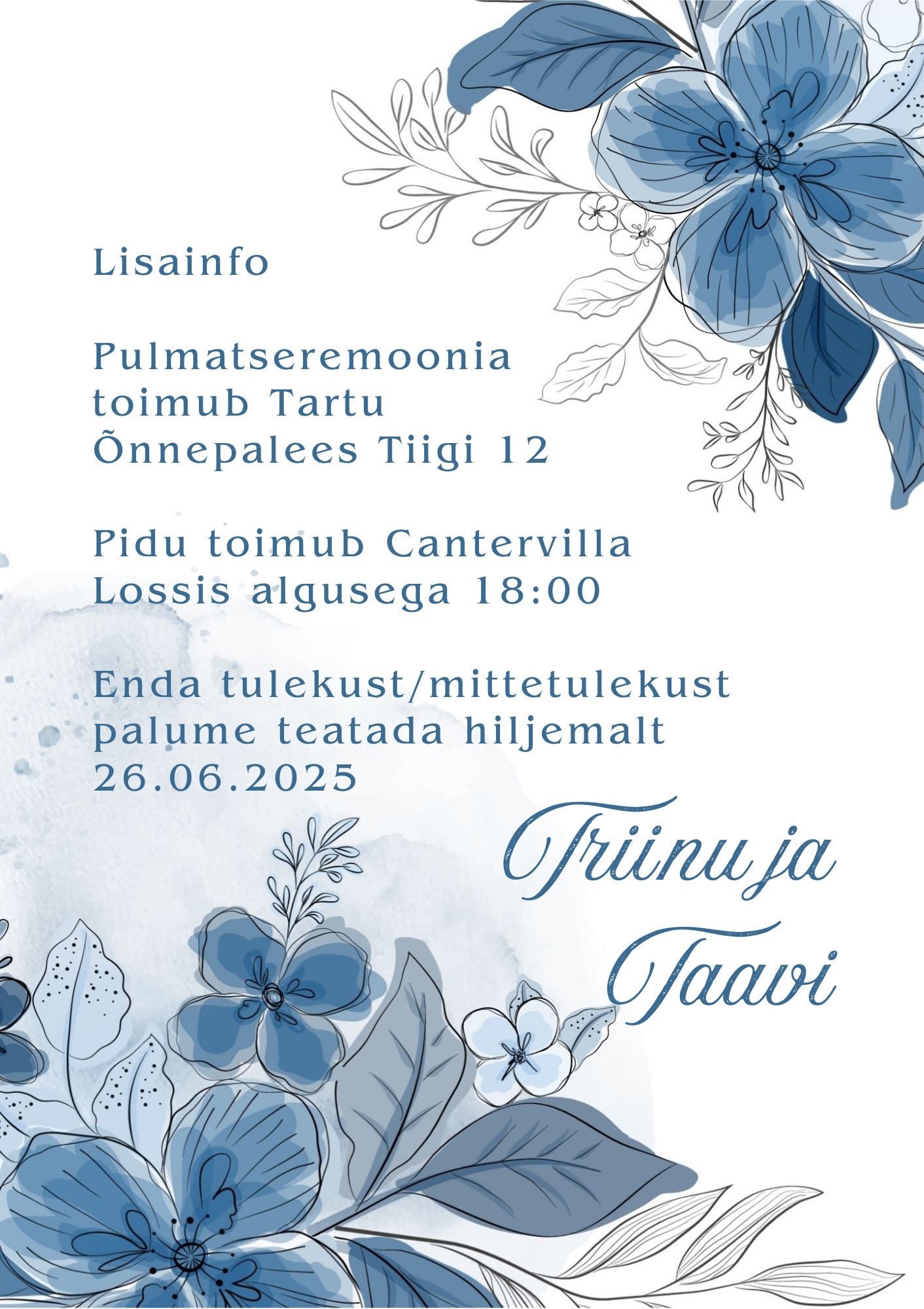 Kutsekunsti klassikaline elegantne siniste lilledega modernne pulmakutse tagakülg