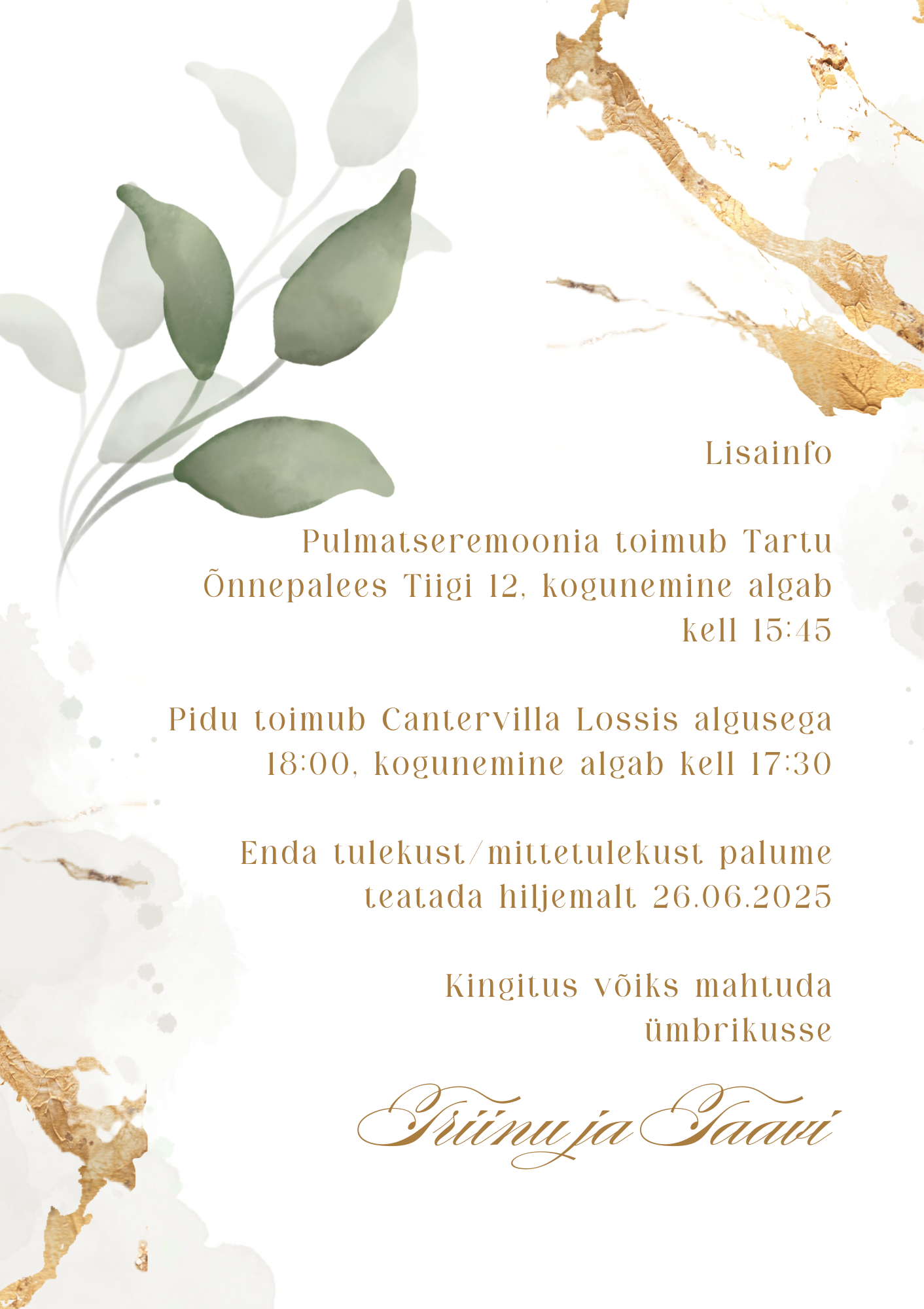 Kutsekunsti modernne minimalistlik pulmakutse tagakülg