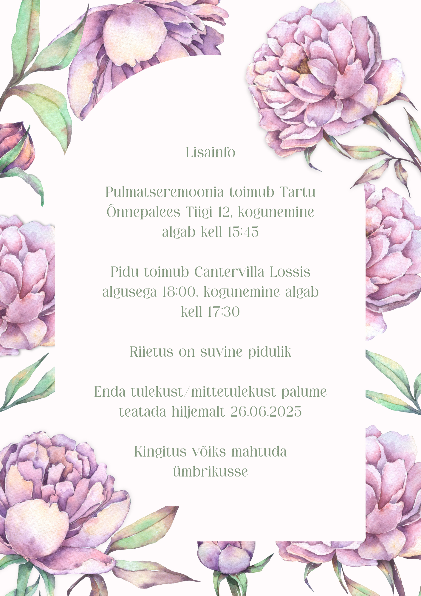 Kutsekunsti klassikaline elengantne lillade lilledega pulmakutse tagakülg