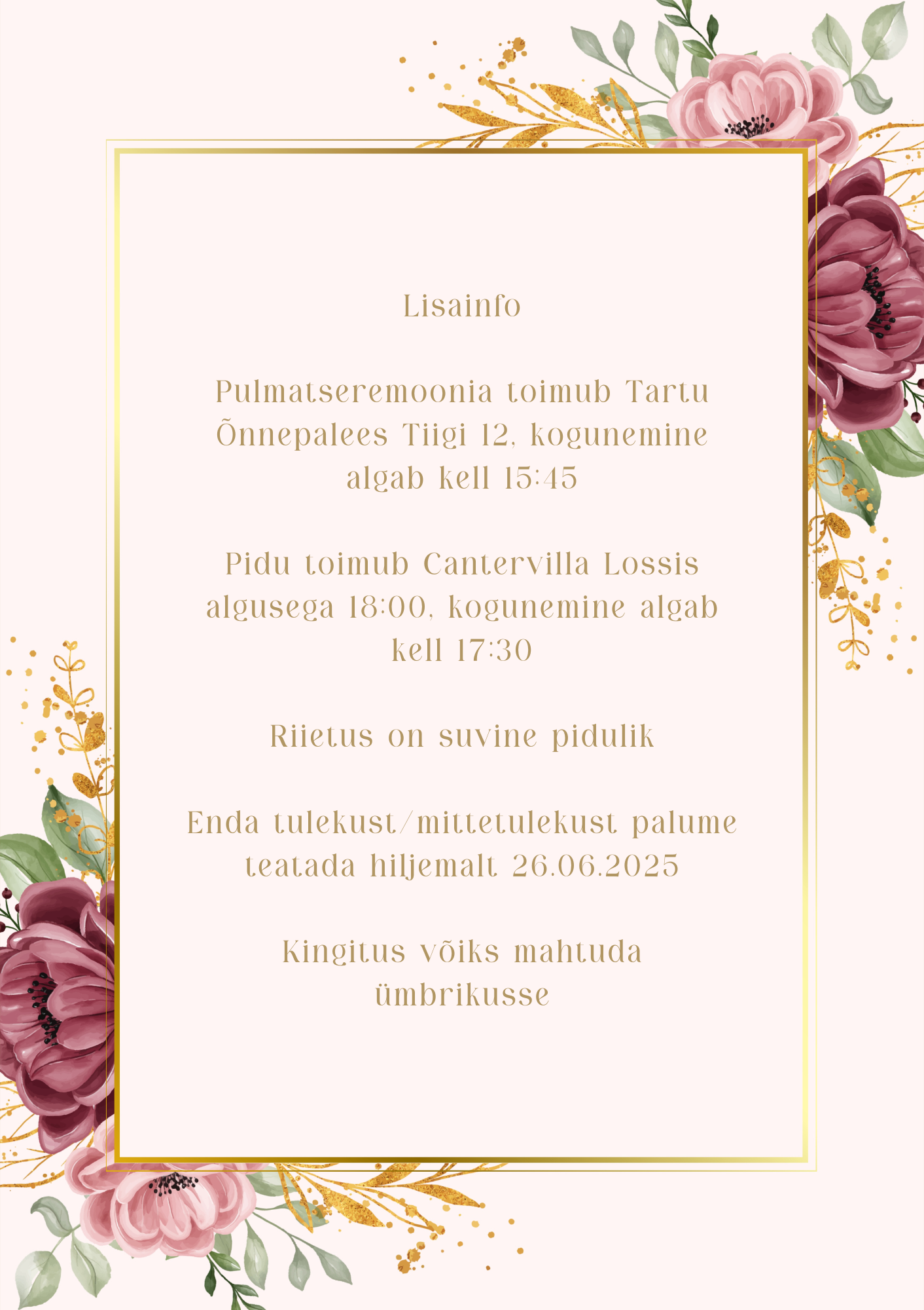 Kutsekunsti klassikaline elengantne punaste lilledega pulmakutse tagakülg