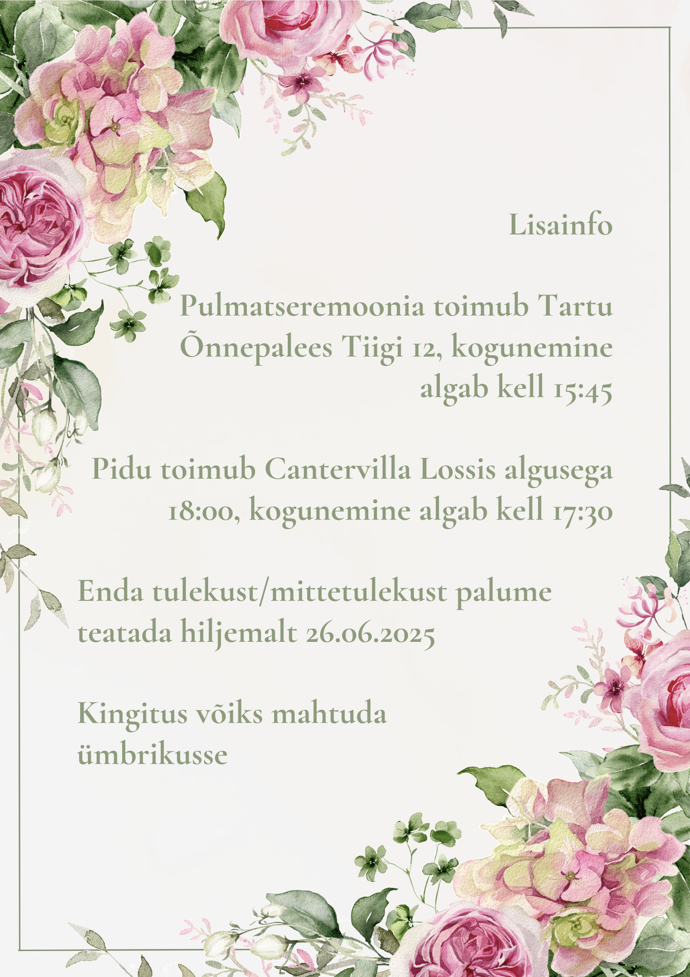 Kutsekunsti klassikaline elengantne roosade lilledega pulmakutse tagakülg