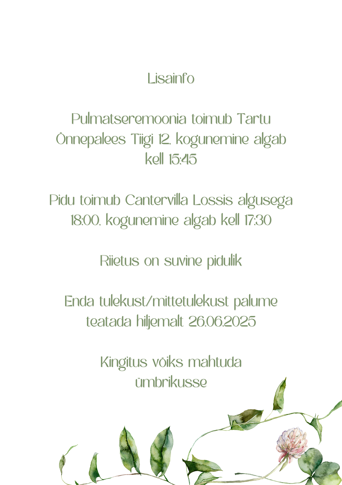 Kutsekunsti minimalistlik roheliste lehtedega pulmakutse tagakülg