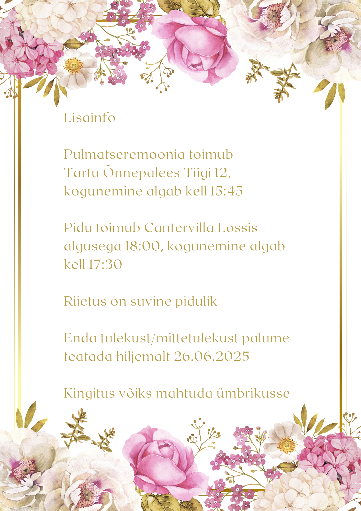 Kutsekunsti klassikaline elengantne roosade roosidega pulmakutse tagakülg