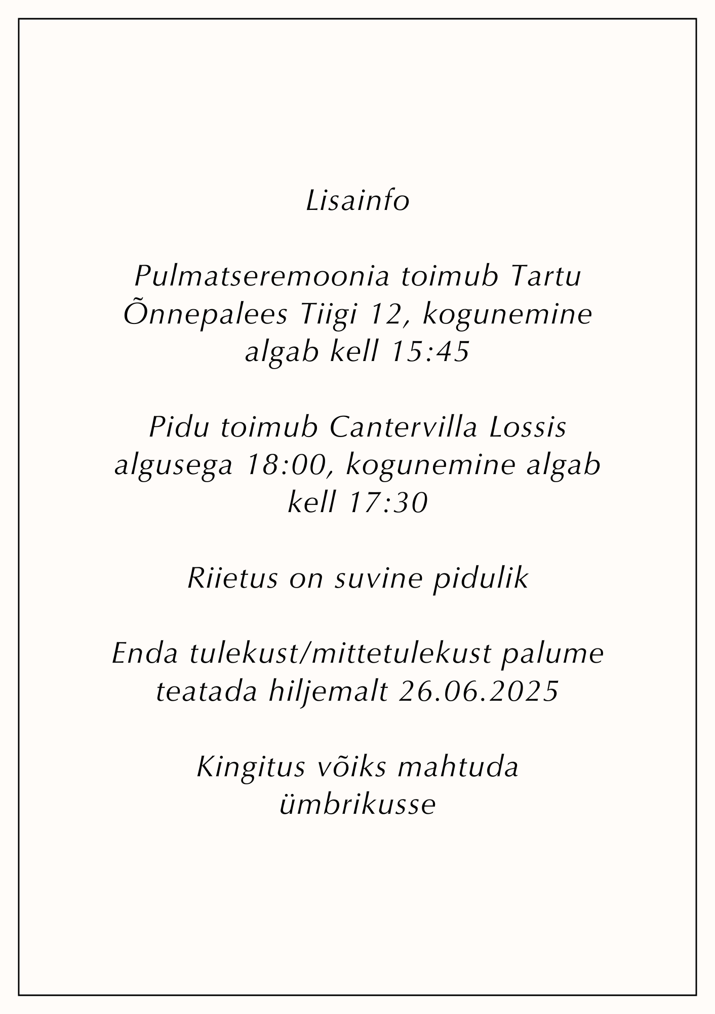 Kutsekunsti klassikaline elengantne pulmakutse tagakülg