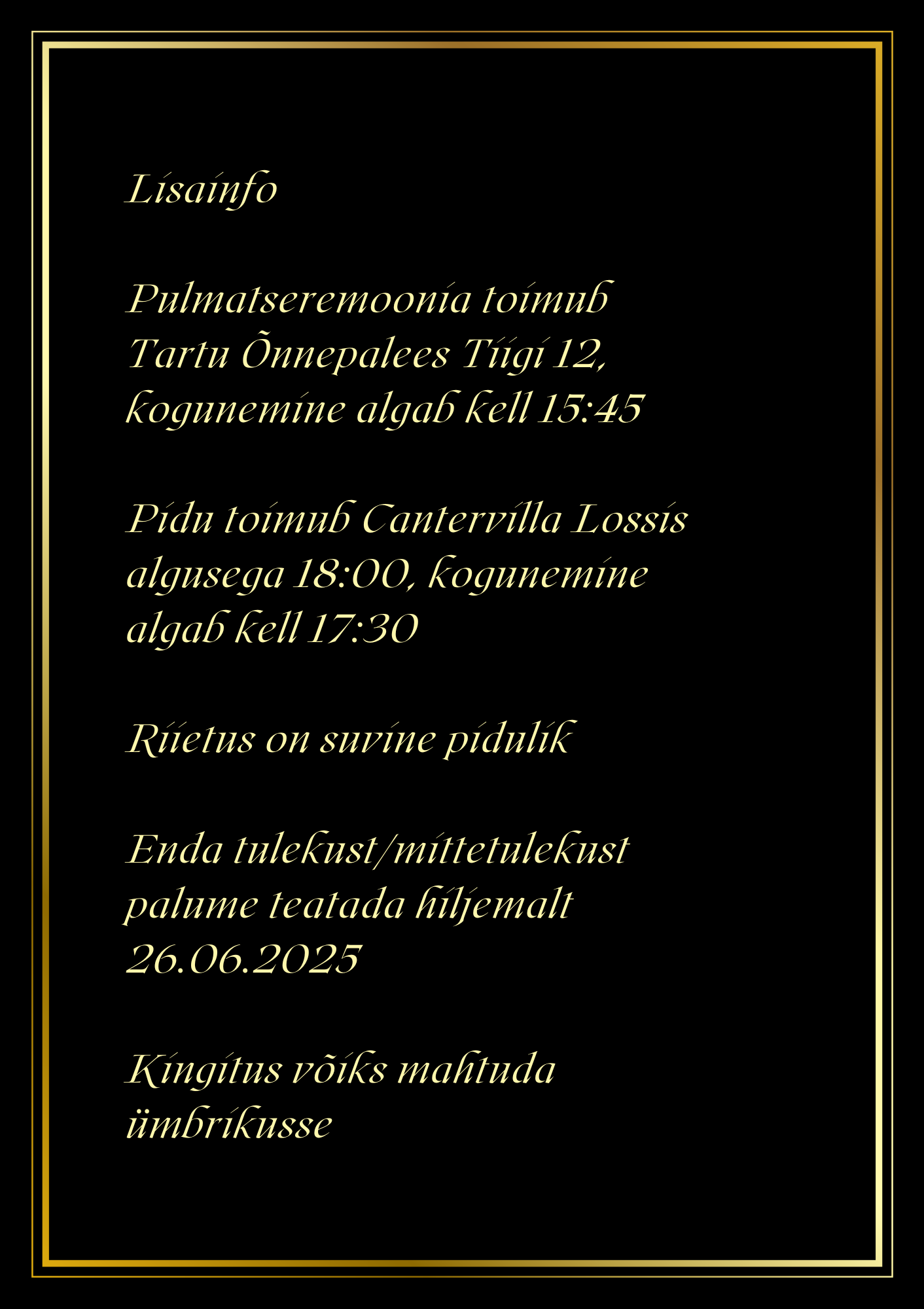 Kutsekunsti klassikaline elengantne must kuldse kirjaga pulmakutse tagakülg