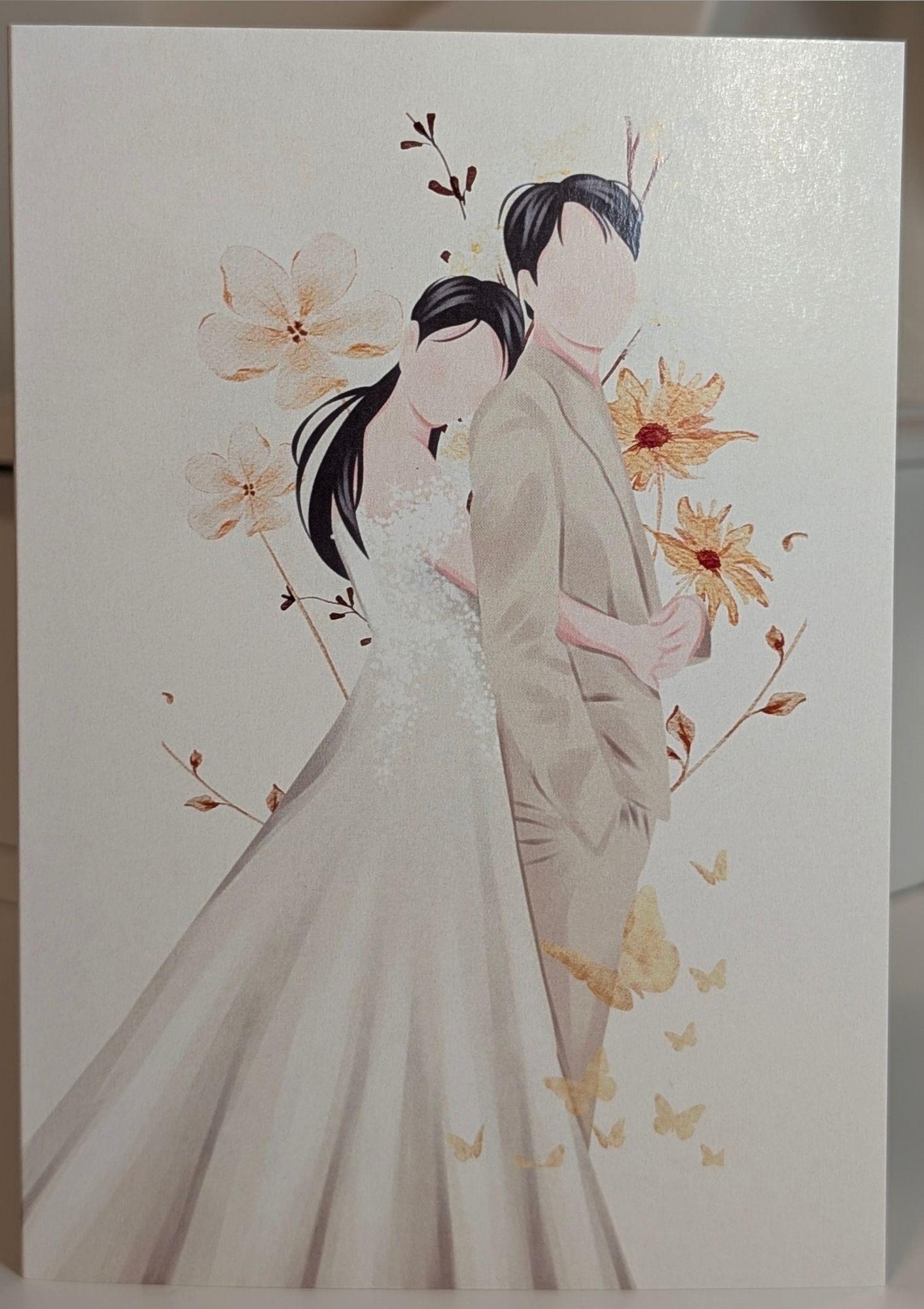 Kutsekunsti elegantne kollaste lillede ja joonistatud pruutpaariga õnnitluskaart pulmadeks