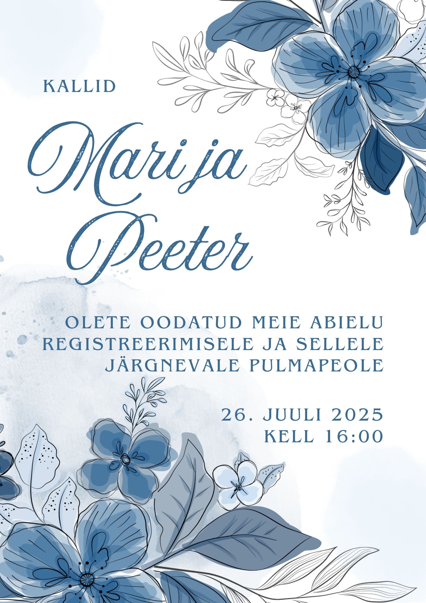 Kalligraafilise kirjaga siniste lilledega elegantne pulmakutse