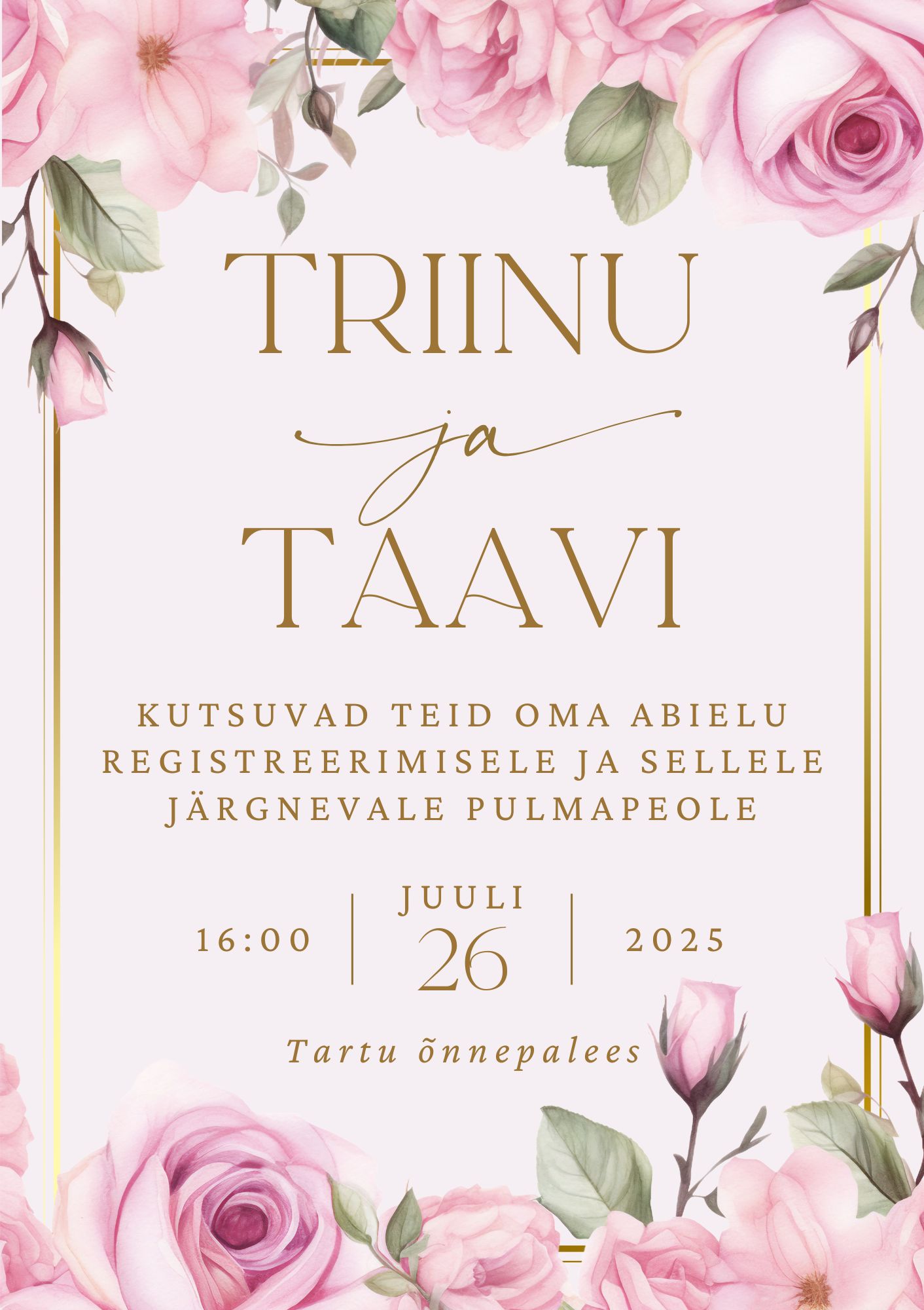 Kutsekunsti kalligraafilise kirjaga ja roosade roosidega elegantne pulmakutse