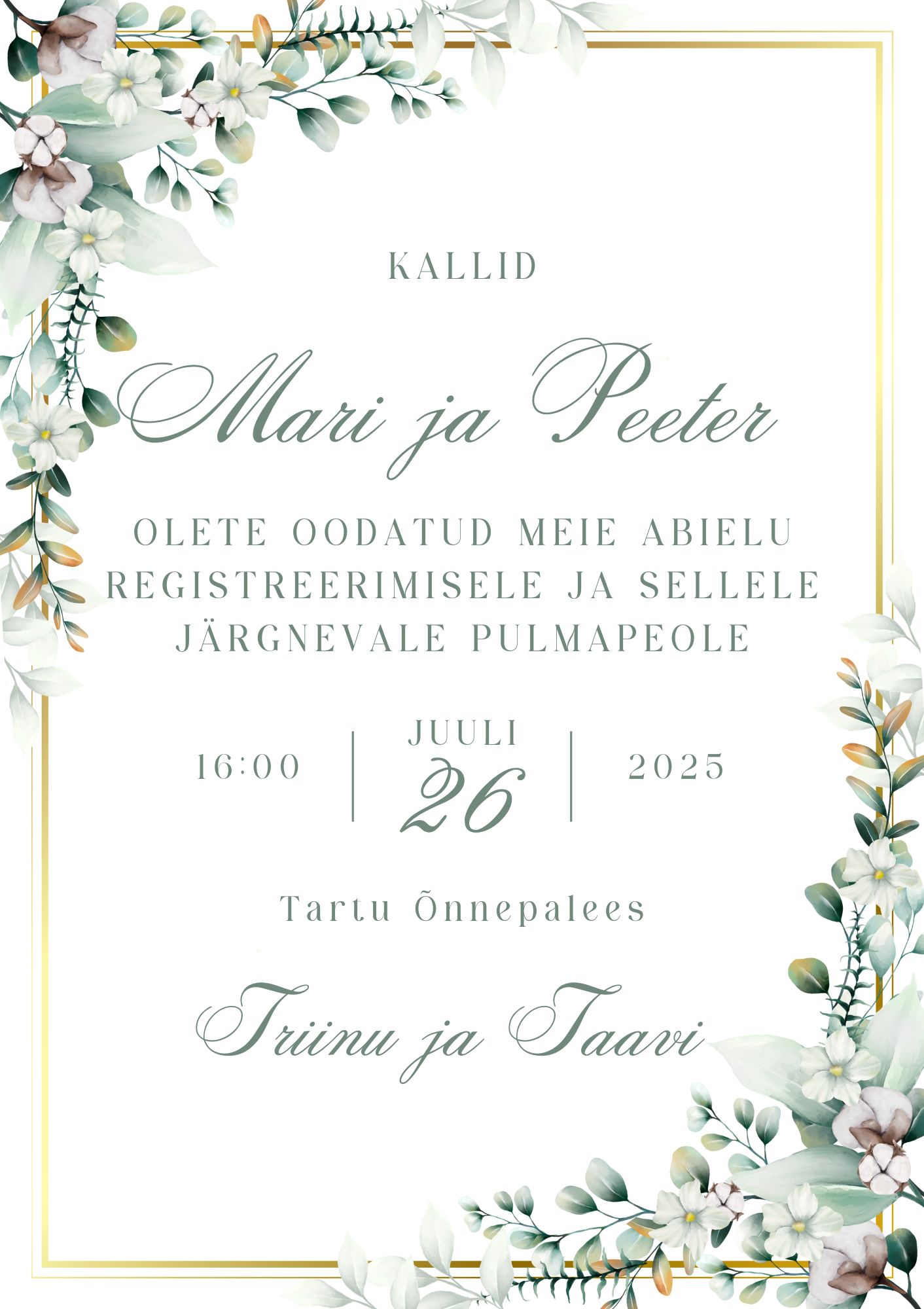 Kutsekunsti kalligraafilise kirjaga ja roheliste lehtedega elegantne pulmakutse