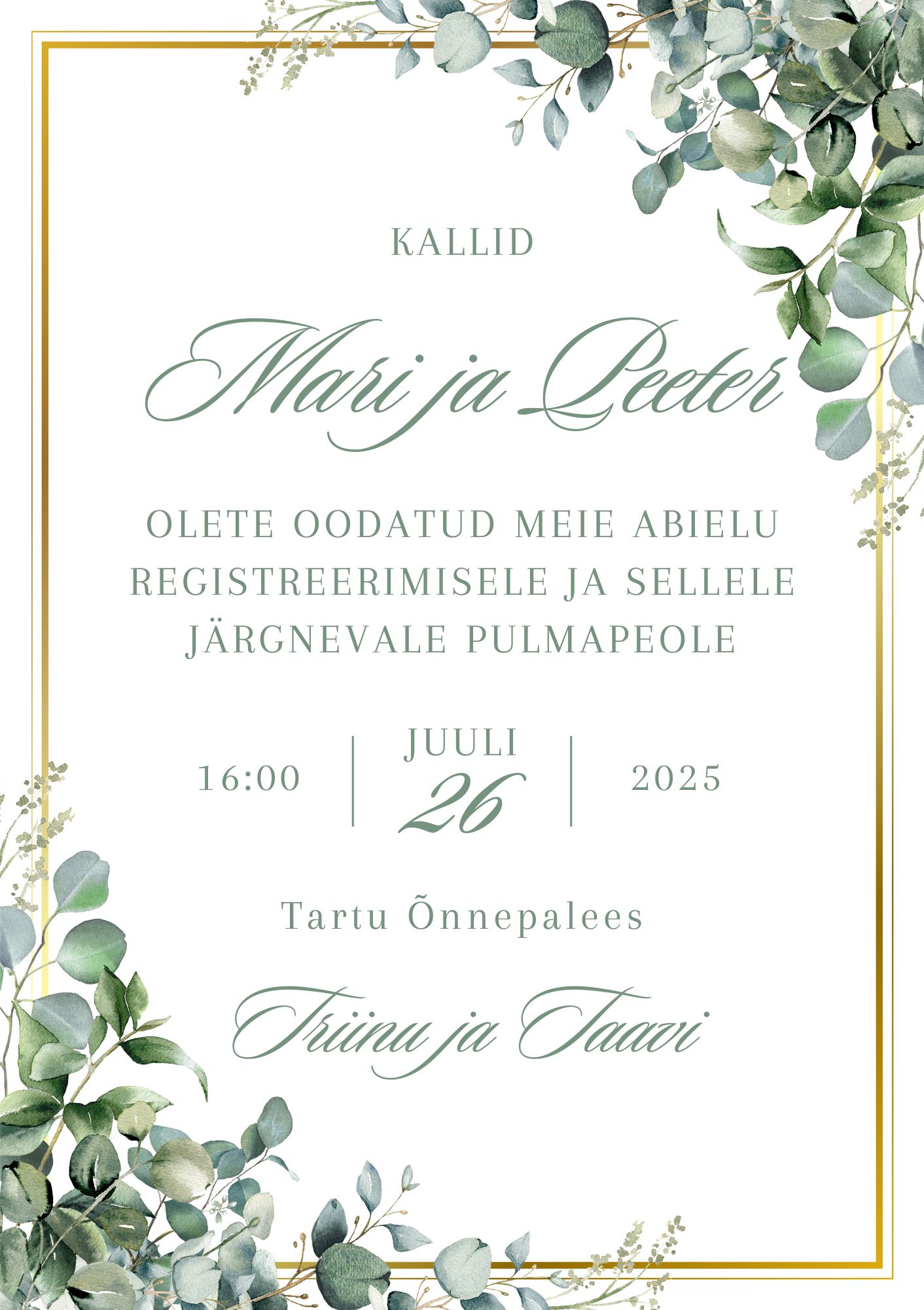 Kutsekunsti kalligraafilise kirjaga ja roheliste lehtedega elegantne pulmakutse