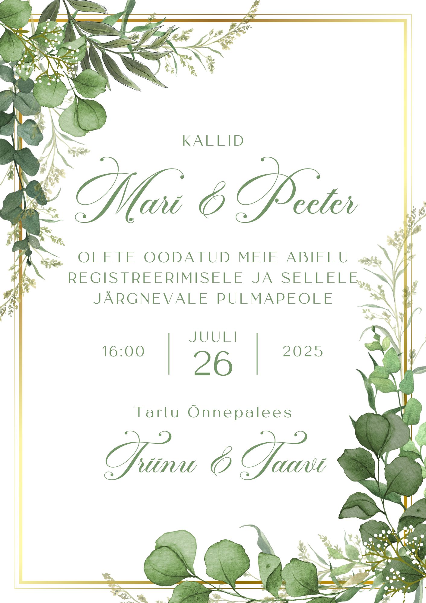 Kutsekunsti kalligraafilise kirjaga ja roheliste lehtedega elegantne pulmakutse