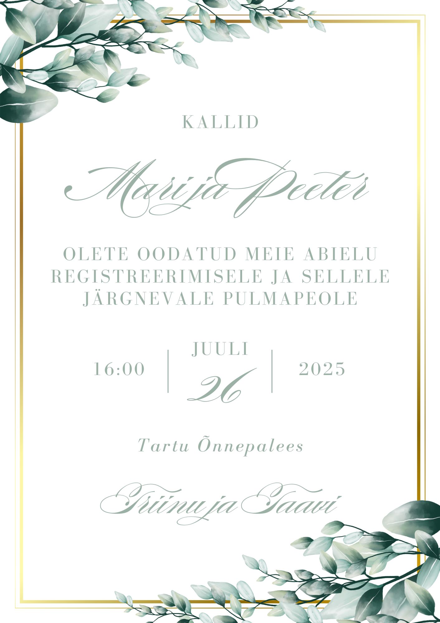 Kutsekunsti kalligraafilise kirjaga ja roheliste lehtedega elegantne pulmakutse