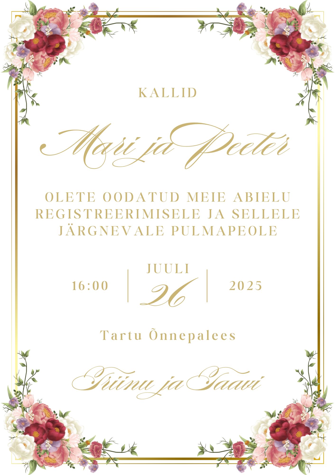 Kutsekunsti kalligraafilise kirjaga ja punaste lilledega elegantne pulmakutse