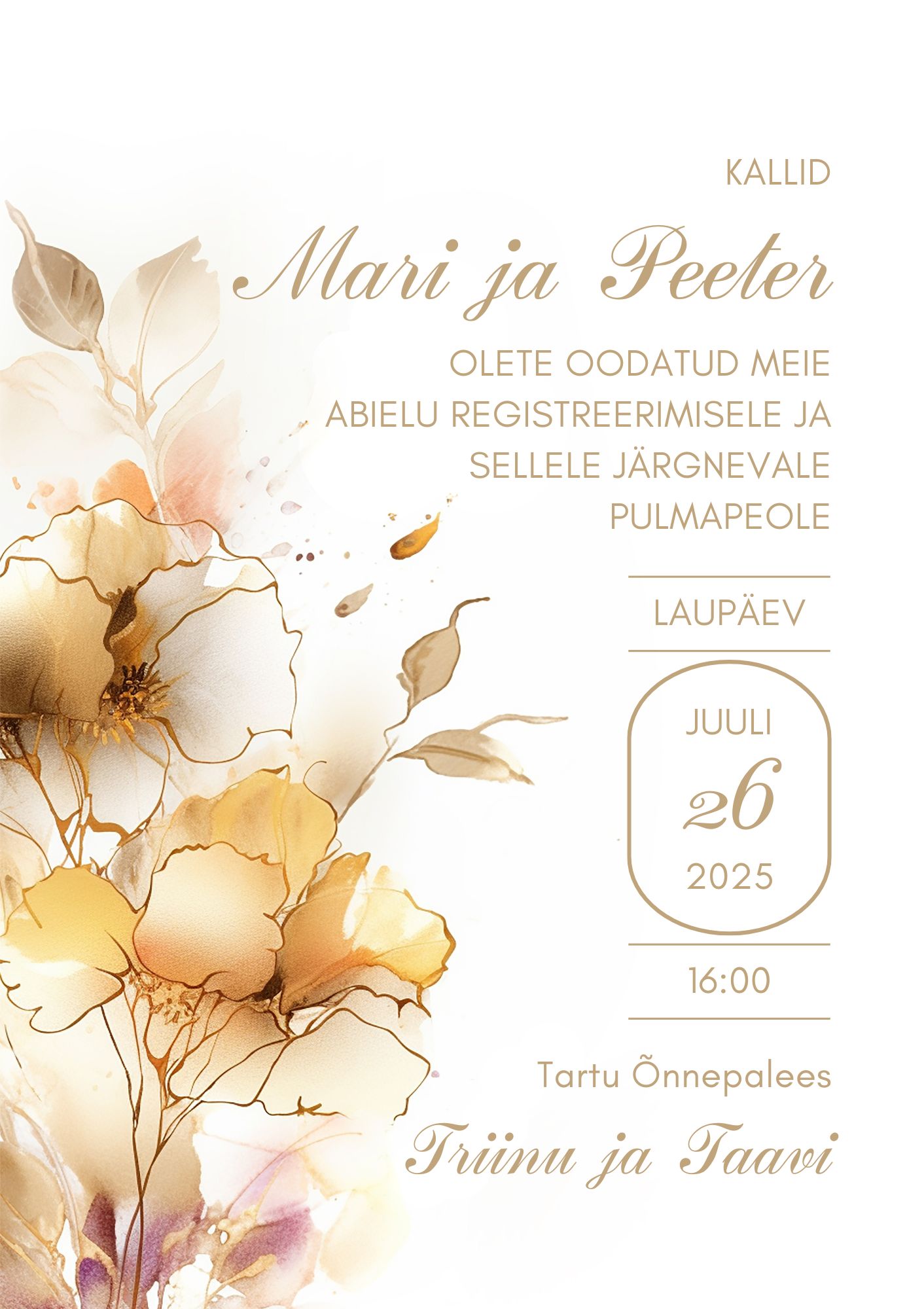 Kutsekunsti kalligraafilise kirjaga modernne kunstipärane pulmakutse