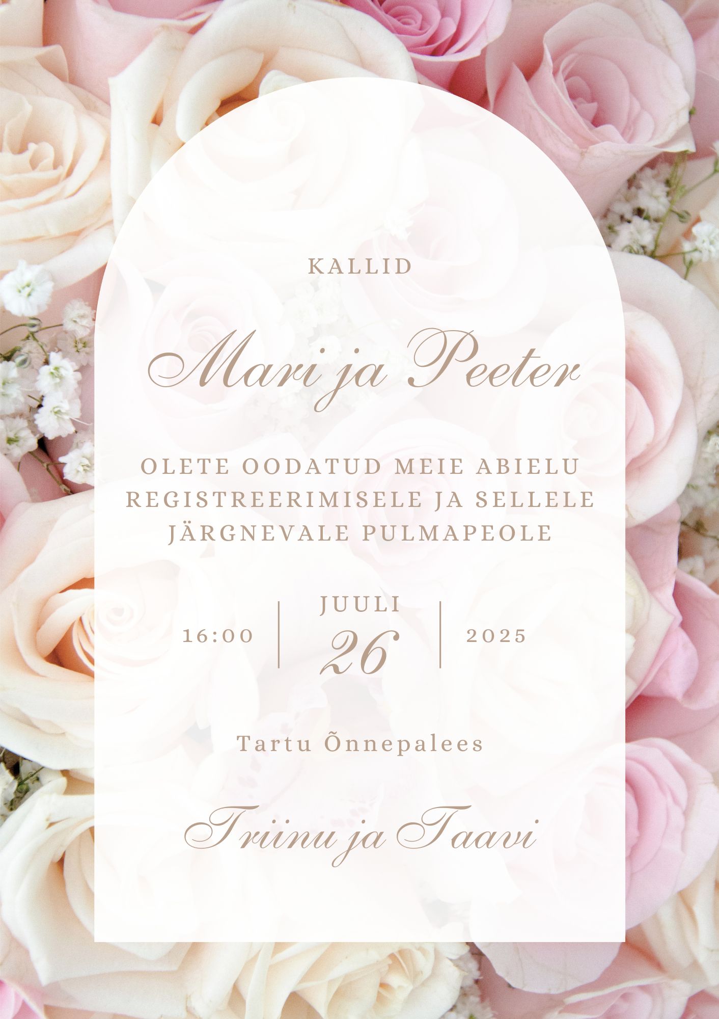 Kutsekunsti kalligraafilise kirjaga ja kollaste ja roosade roosidega lilleline elegantne pulmakutse