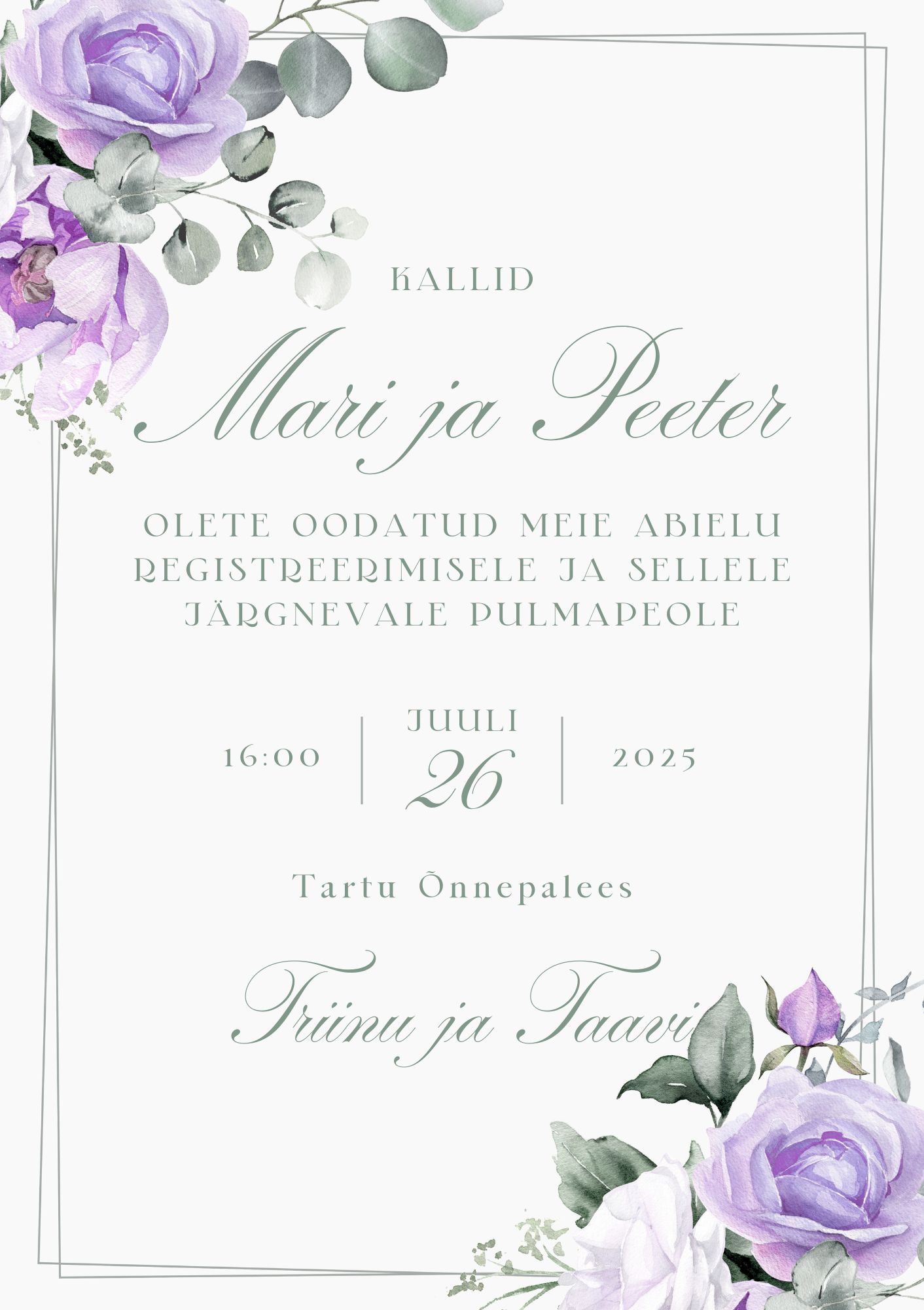 Kutsekunsti kalligraafilise kirjaga ja lillade roosidega elegantne pulmakutse