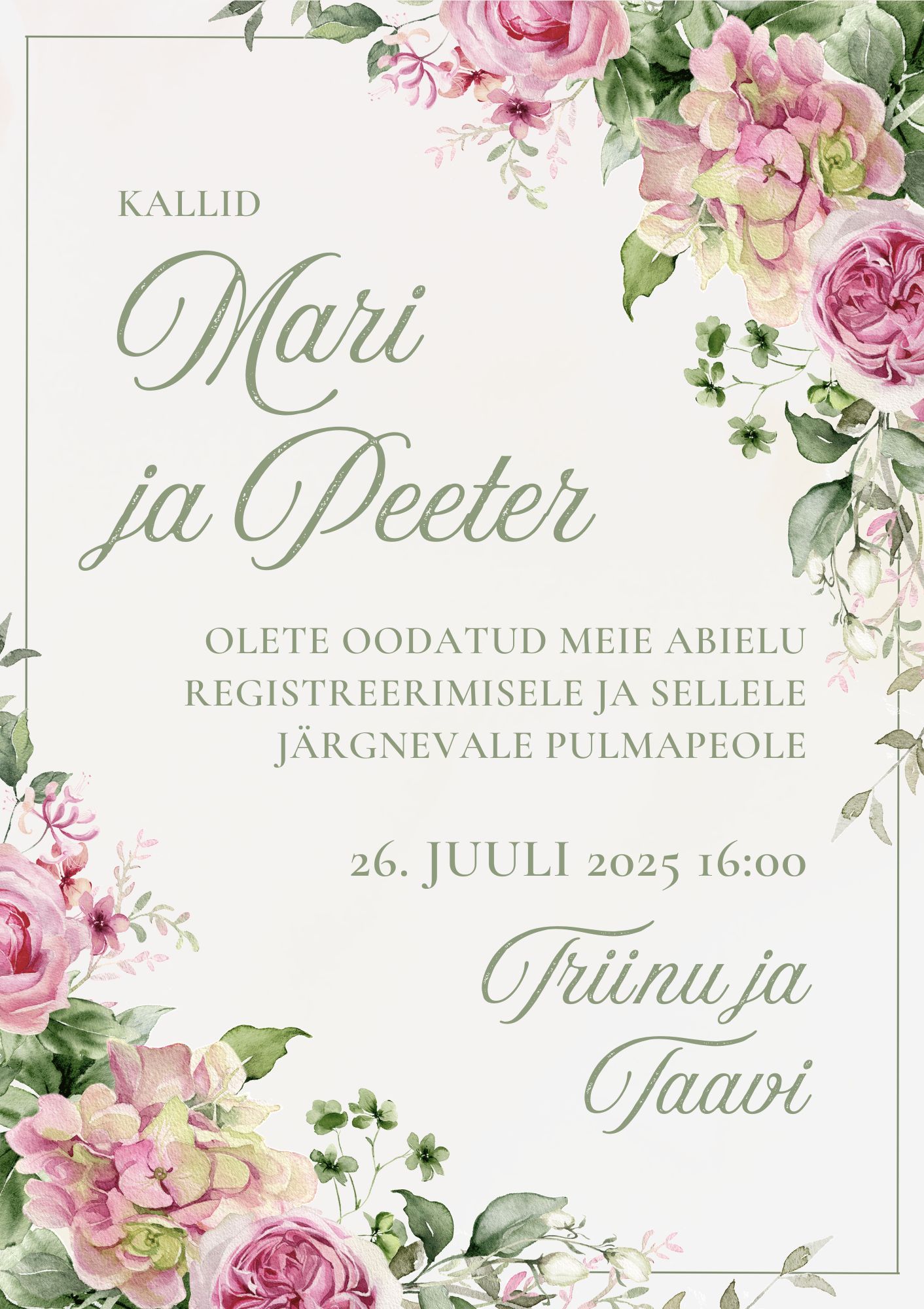 Kutsekunsti kalligraafilise kirjaga ja roosade roosidega elegantne pulmakutse