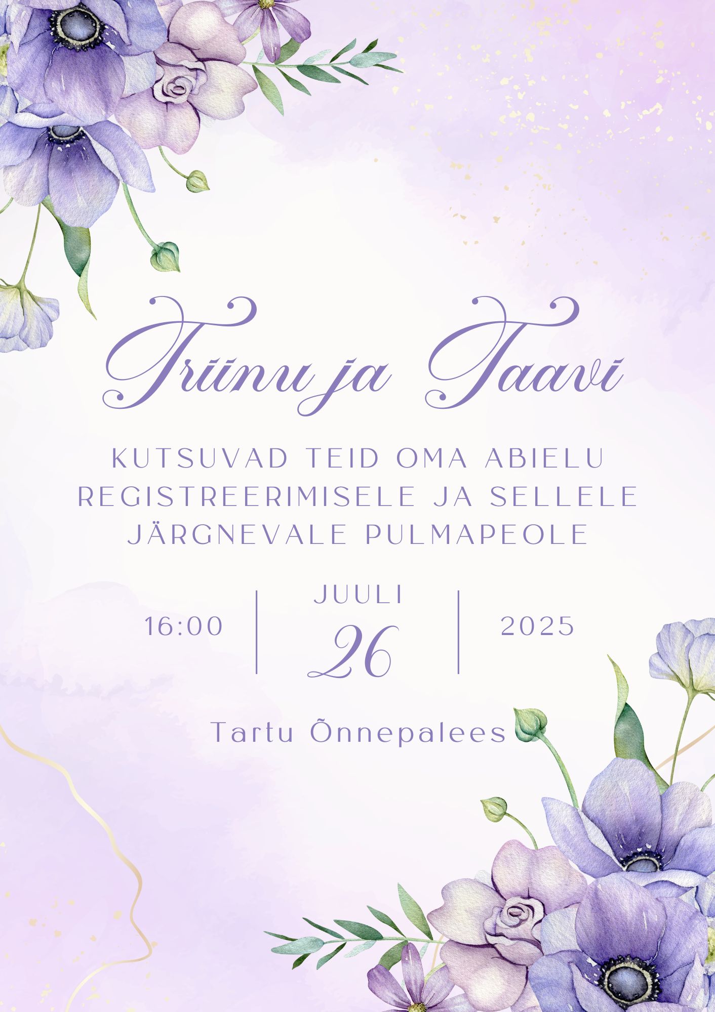 Kutsekunsti kalligraafilise kirjaga ja lillade lilledega elegantne pulmakutse