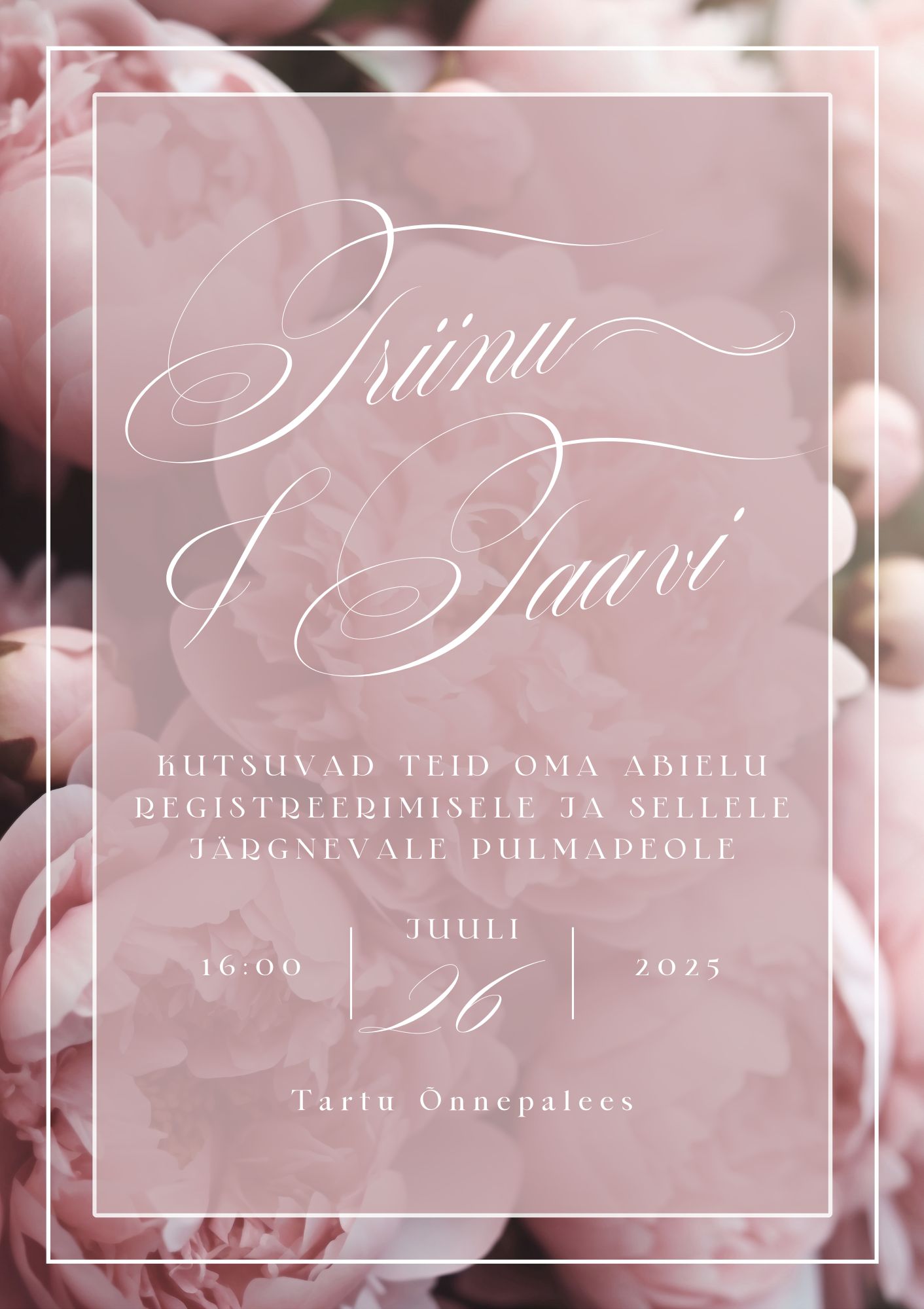 Kutsekunsti kalligraafilise kirjaga ja roosa lillelise taustaga elegantne pulmakutse