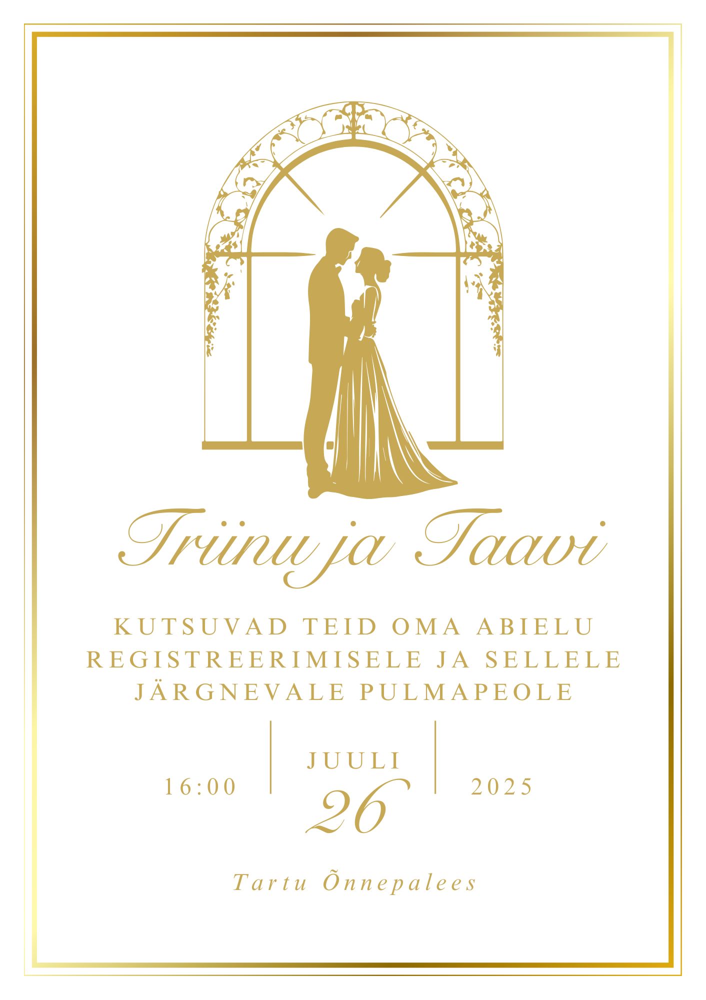 Kutsekunsti kalligraafilise kirjaga ja pruutpaari siluetiga klassikaline pulmakutse