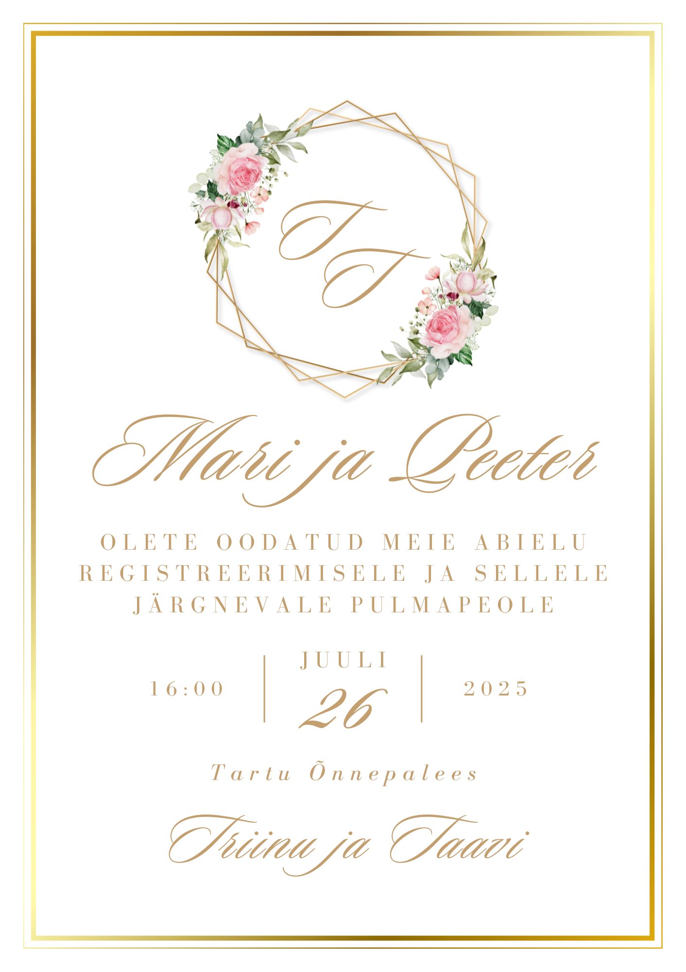 Kutsekunsti kalligraafilise kirjaga ja pruutpaari logoga klassikaline pulmakutse