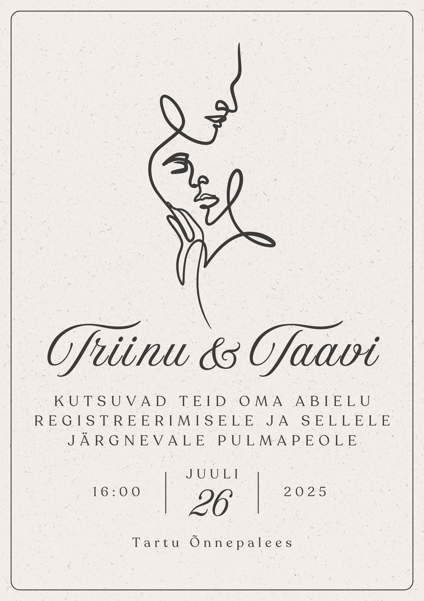 Kutsekunsti kalligraafilise kirjaga ja abstraktse pruutpaari joonistusega modernne pulmakutse