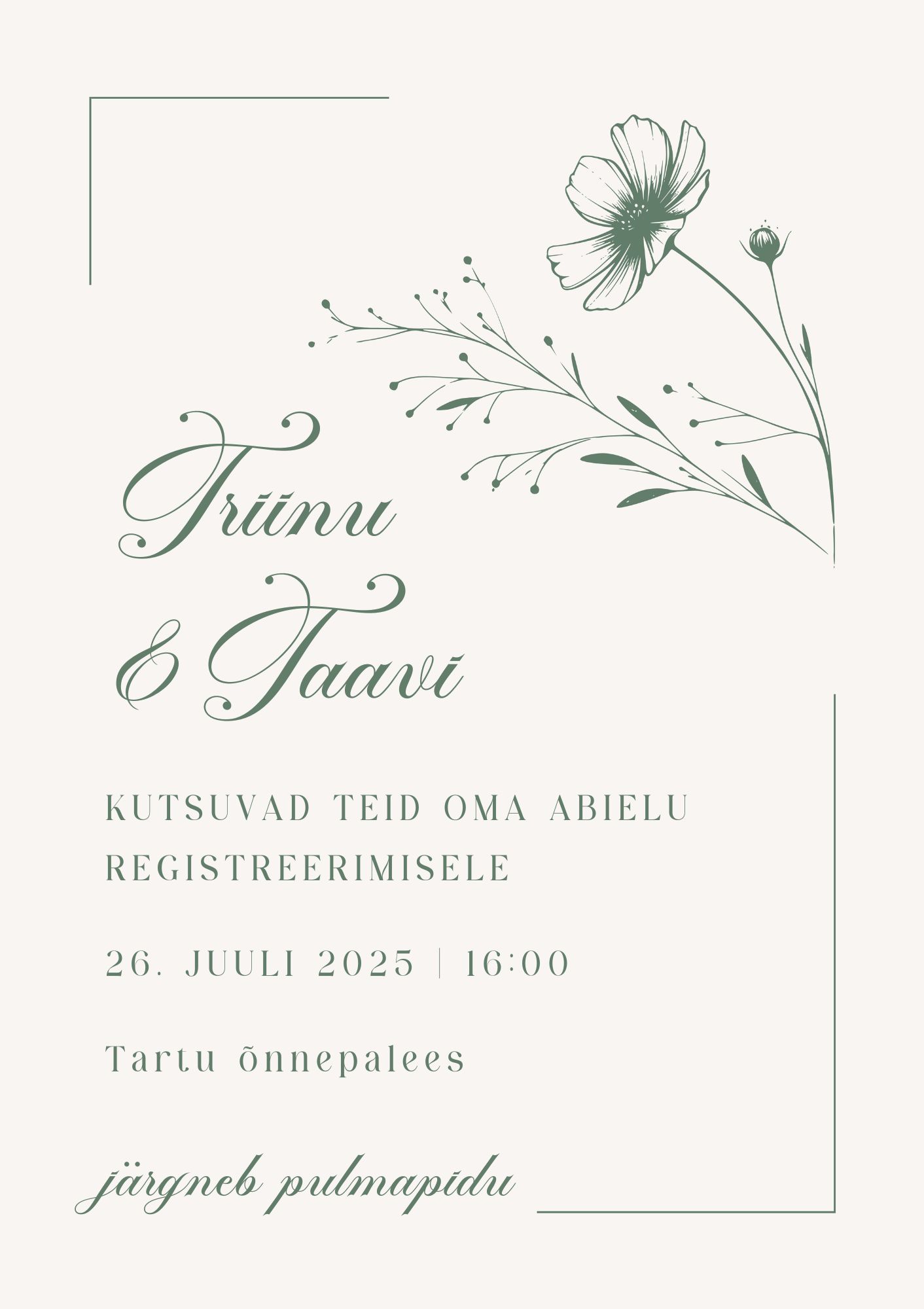 Kutsekunsti kalligraafilise kirjaga modernne minimalistlik lille joonistusega pulmakutse