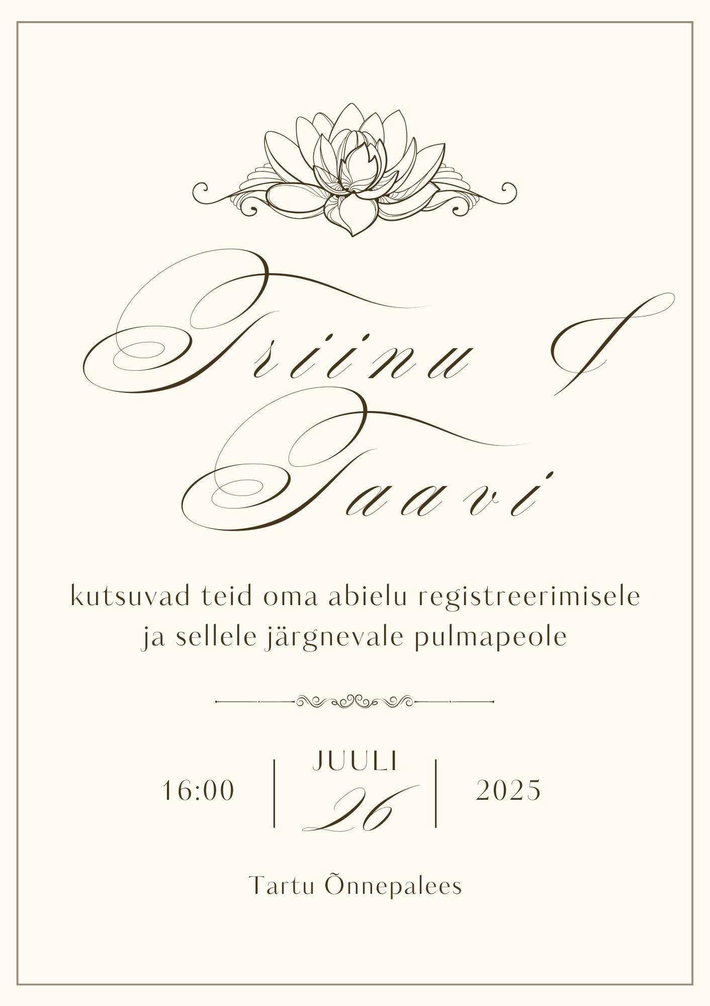 Kutsekunsti kalligraafilise kirjaga modernne minimalistlik pulmakutse