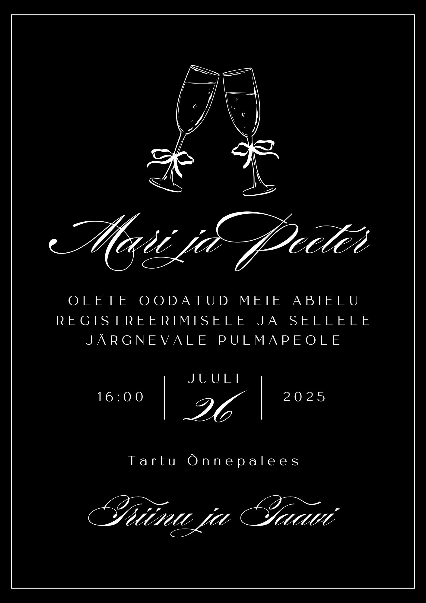 Kutsekunsti kalligraafilise kirjaga modernne must šampuse klaaside joonistusega pulmakutse